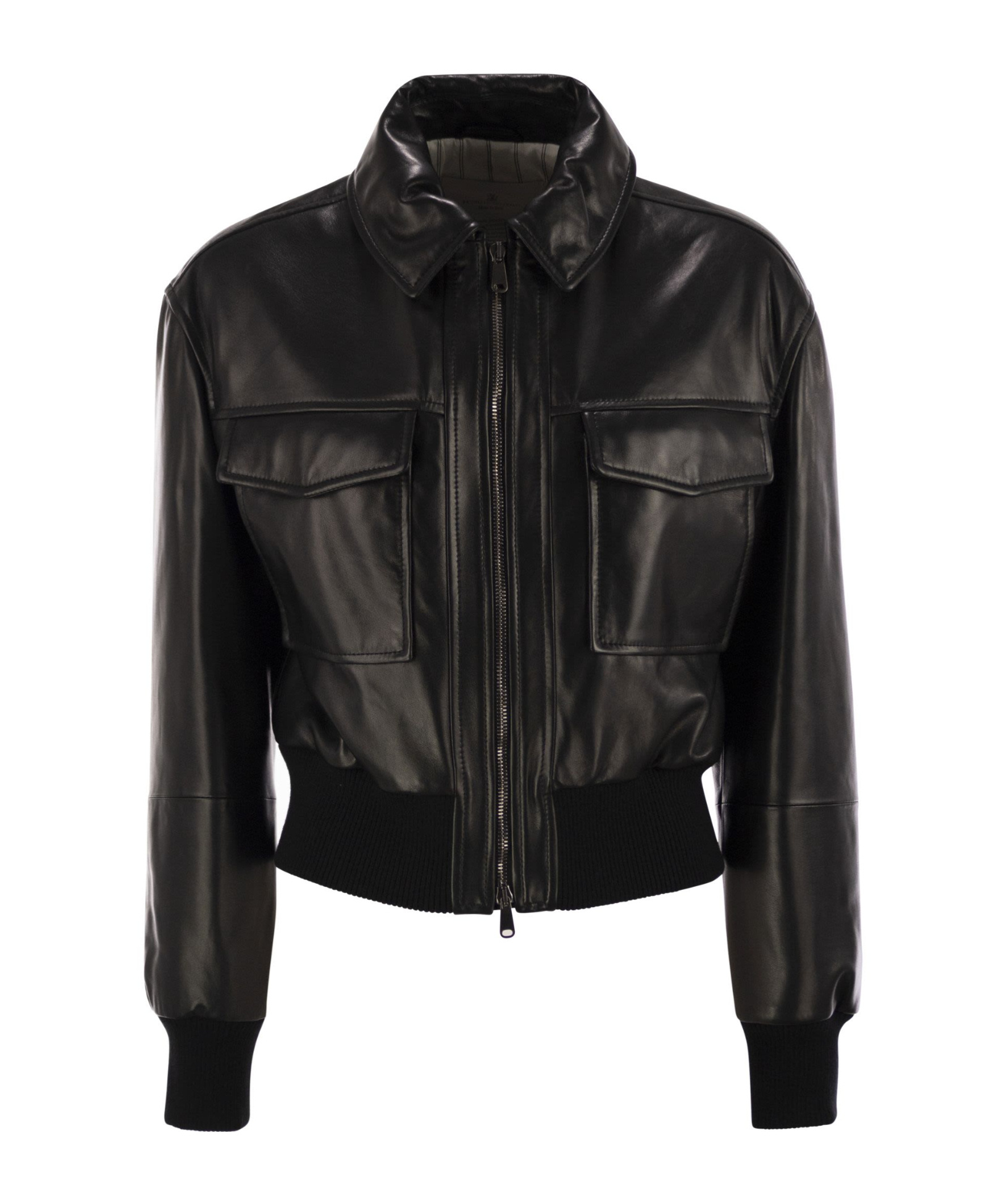 Brunello Cucinelli Women Leather Bomber Jacket With Jewellery In Black