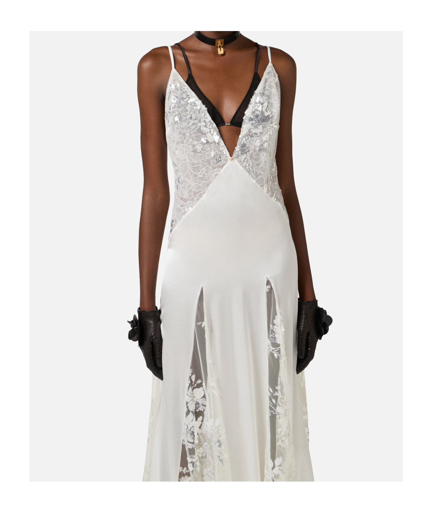 Elisabetta Franchi Red Carpet Dress In Silk Georgette Fabric And Embroidered Lace In Ivory