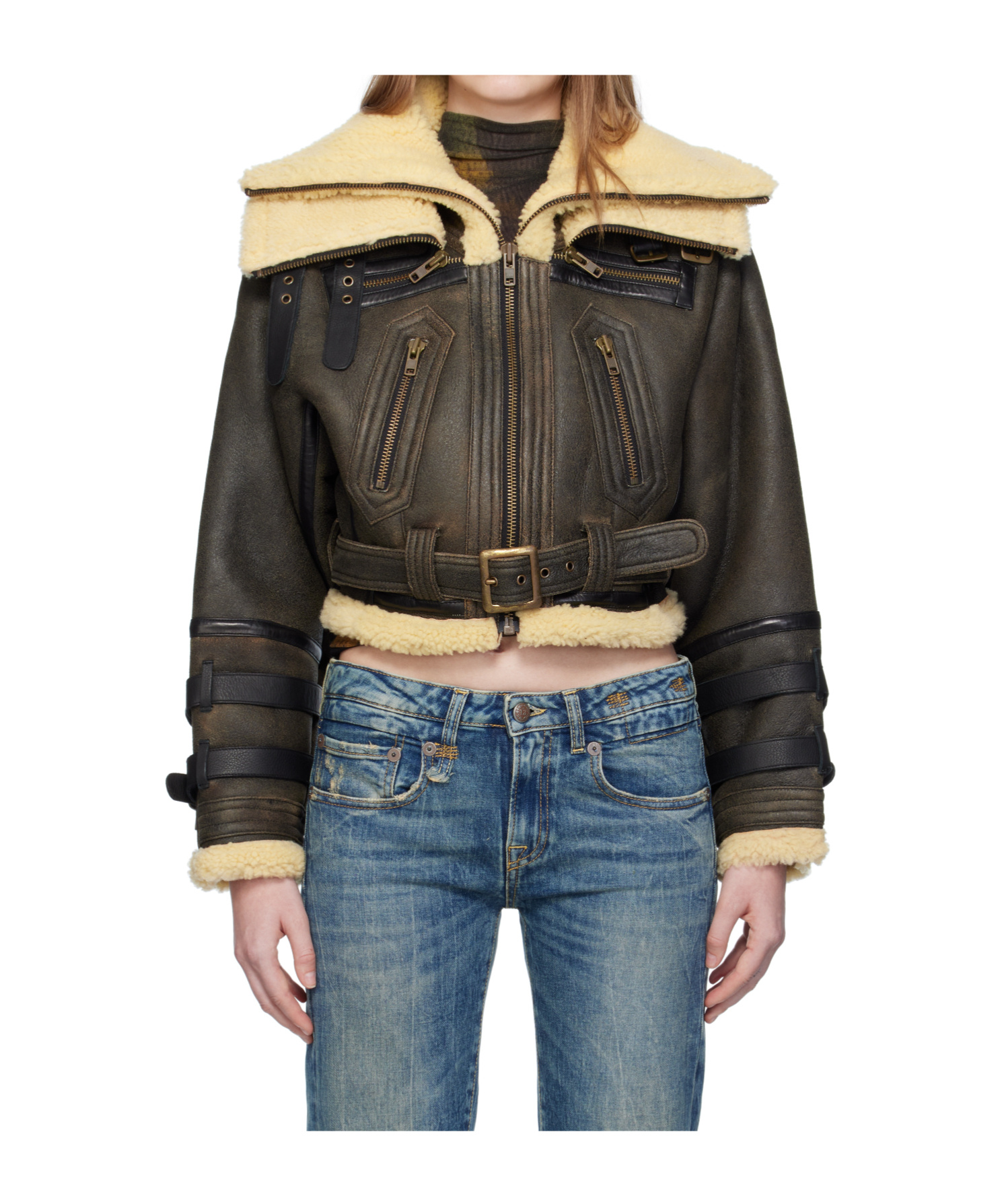 R13 Black Cropped Shearling Bomber Jacket In Black