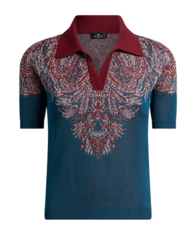 Etro Collared V-neck Polo With Patterned Ribbed Cuffs In Green