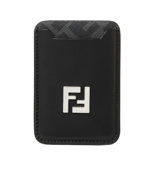 Fendi Black Leather And Black Ff Canvas Card Holder In Black