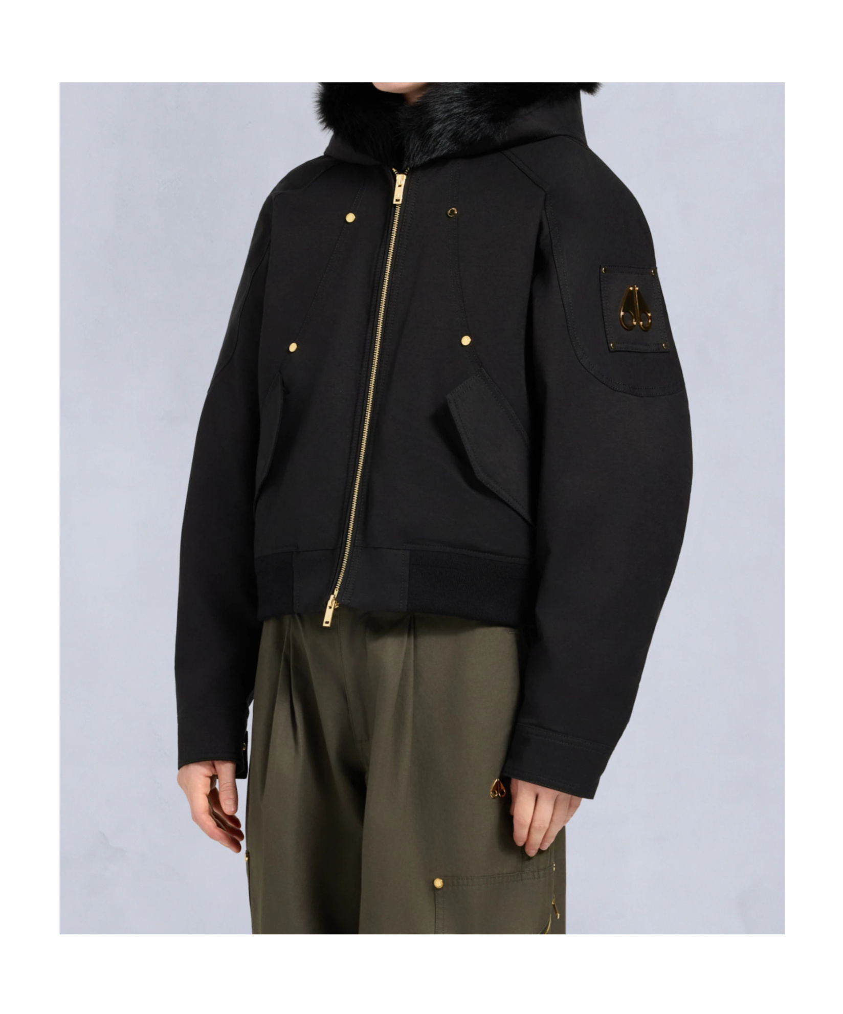Moose Knuckles Hooded Bomber Jacket Fur Trim In Black