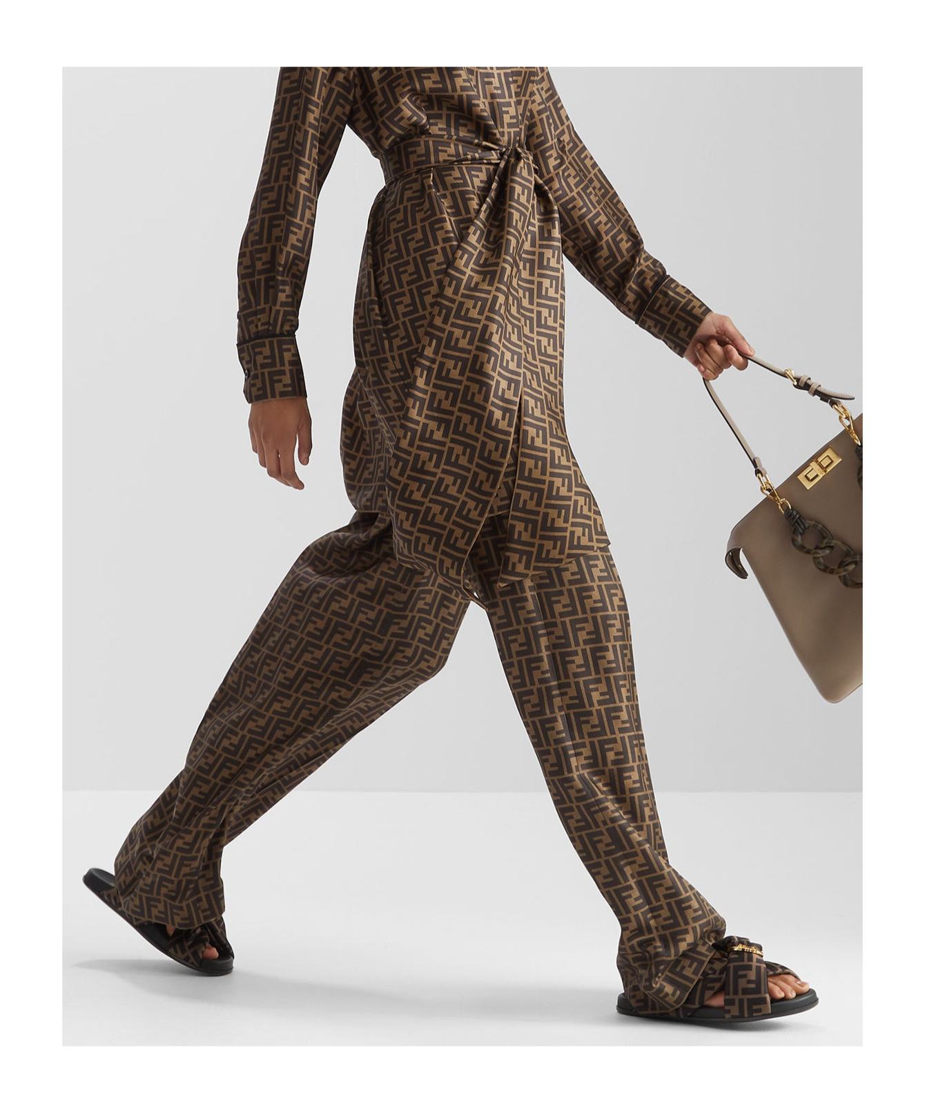 Fendi Ff Silk Twill Wide Leg Trousers Clothing In Brown