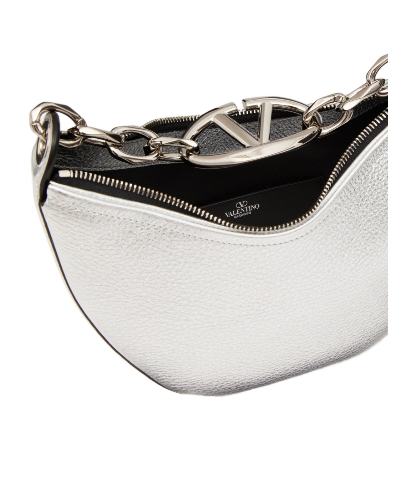 Shop Valentino Vlogo Moon Mini Hobo Bag In Metallic Grainy Calfskin With Chain In White