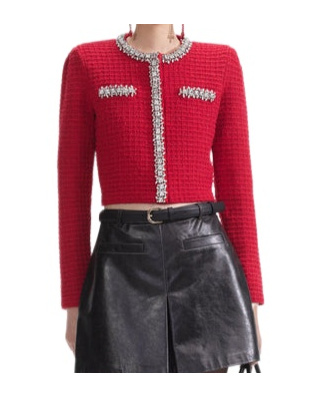 Shop Self-portrait Textured Knit Cardigan In Red