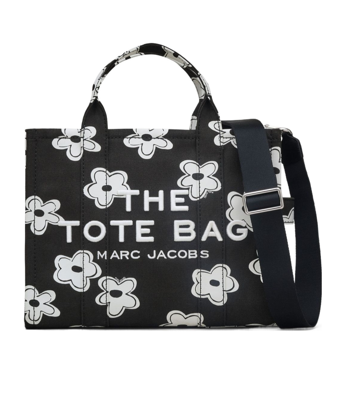Marc Jacobs 'the Medium Tote' Black Handbag With Logo Lettering On The Front And All-over Floral Print In Black