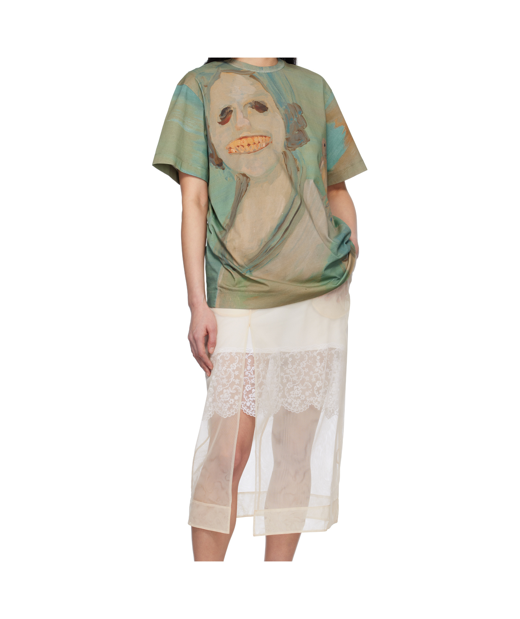 Simone Rocha Green 'lady With A Bird' T-shirt In Nude