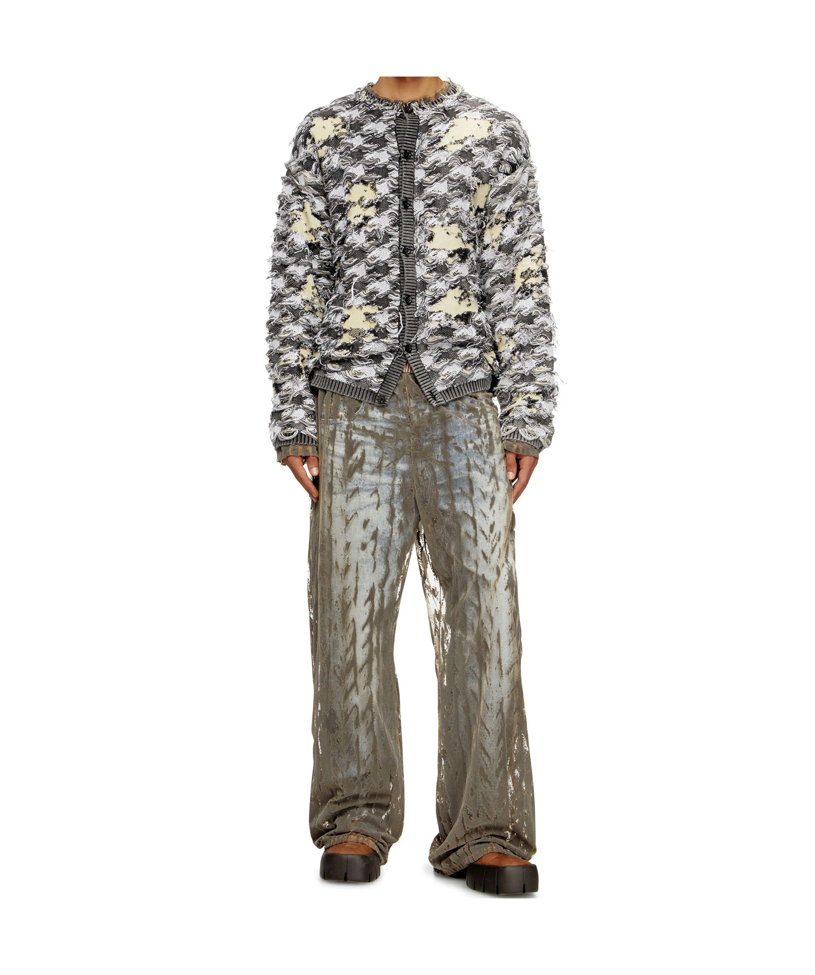 Diesel Devoré-houndstooth-jacquard Cardigan In Gray