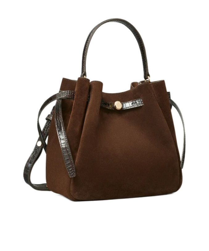 Tory Burch Romy Suede Belted Bucket Bag In Brown