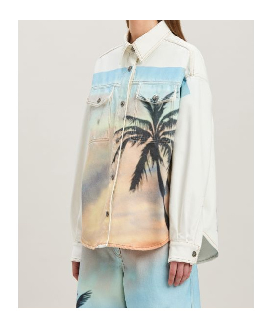 Palm Angels Sunrise Palm Denim Overshirt Off White - In Beige