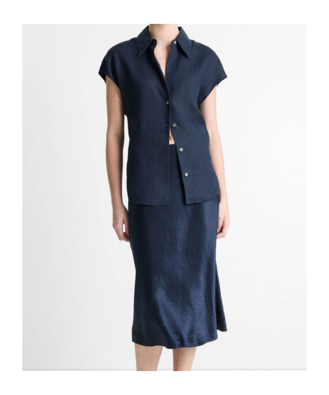 Vince Cap-sleeve Linen Button-front Blouse In Coastal Blue