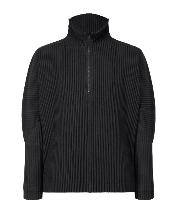 Issey Miyake Structured High-collar Black Casual Jacket With Textured Pleats In Black