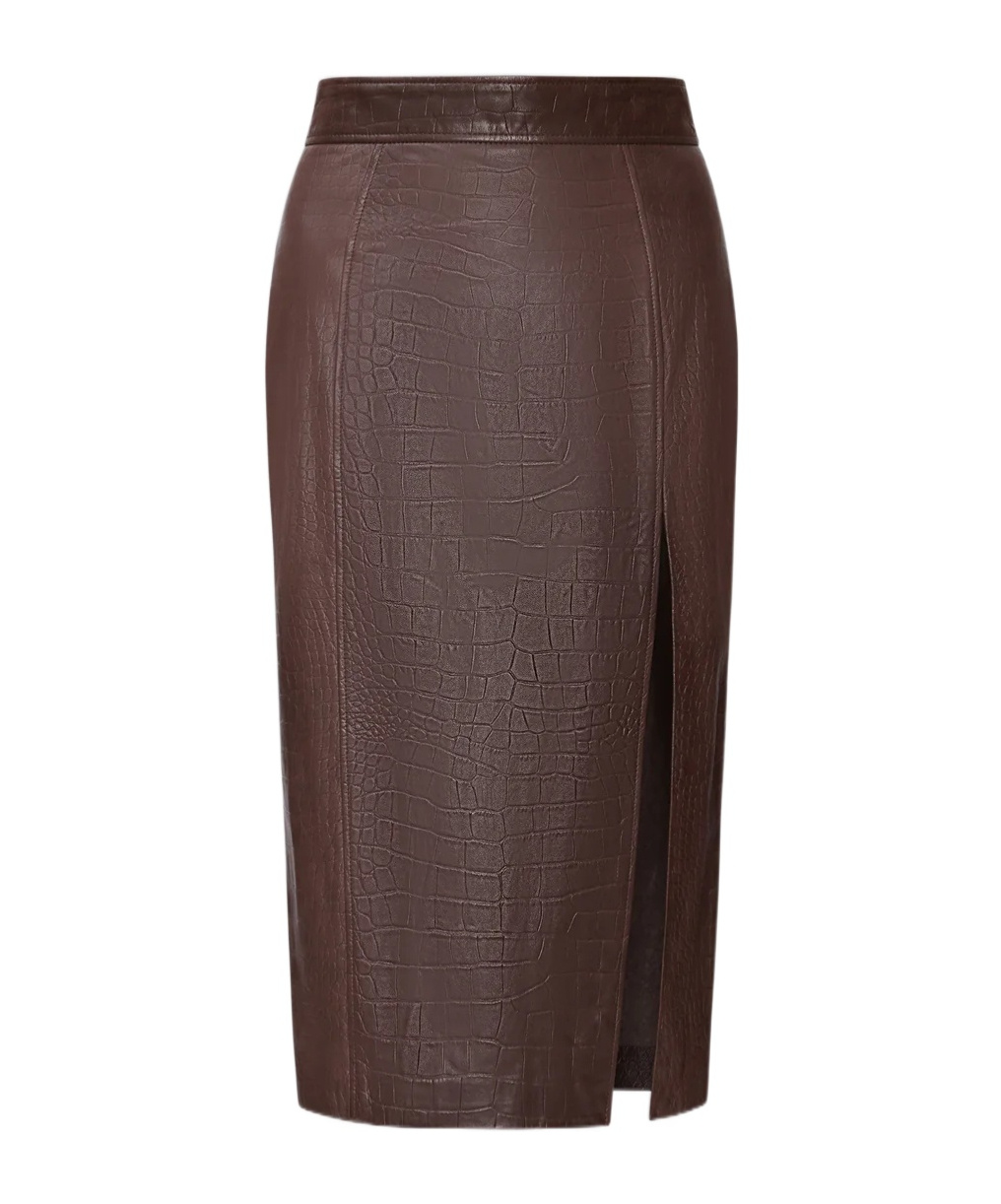 Amiri Crocodile-effect Leather Midi Skirt In Brown