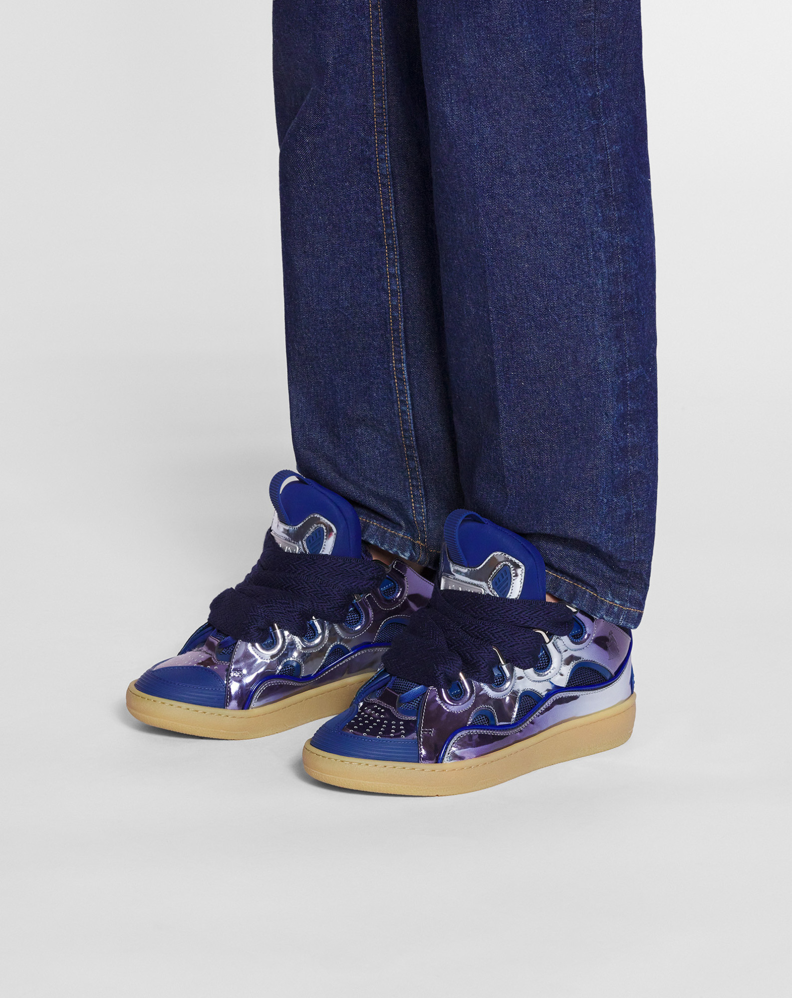 Lanvin Curb Sneakers In Metallic Leather For Women In Blue