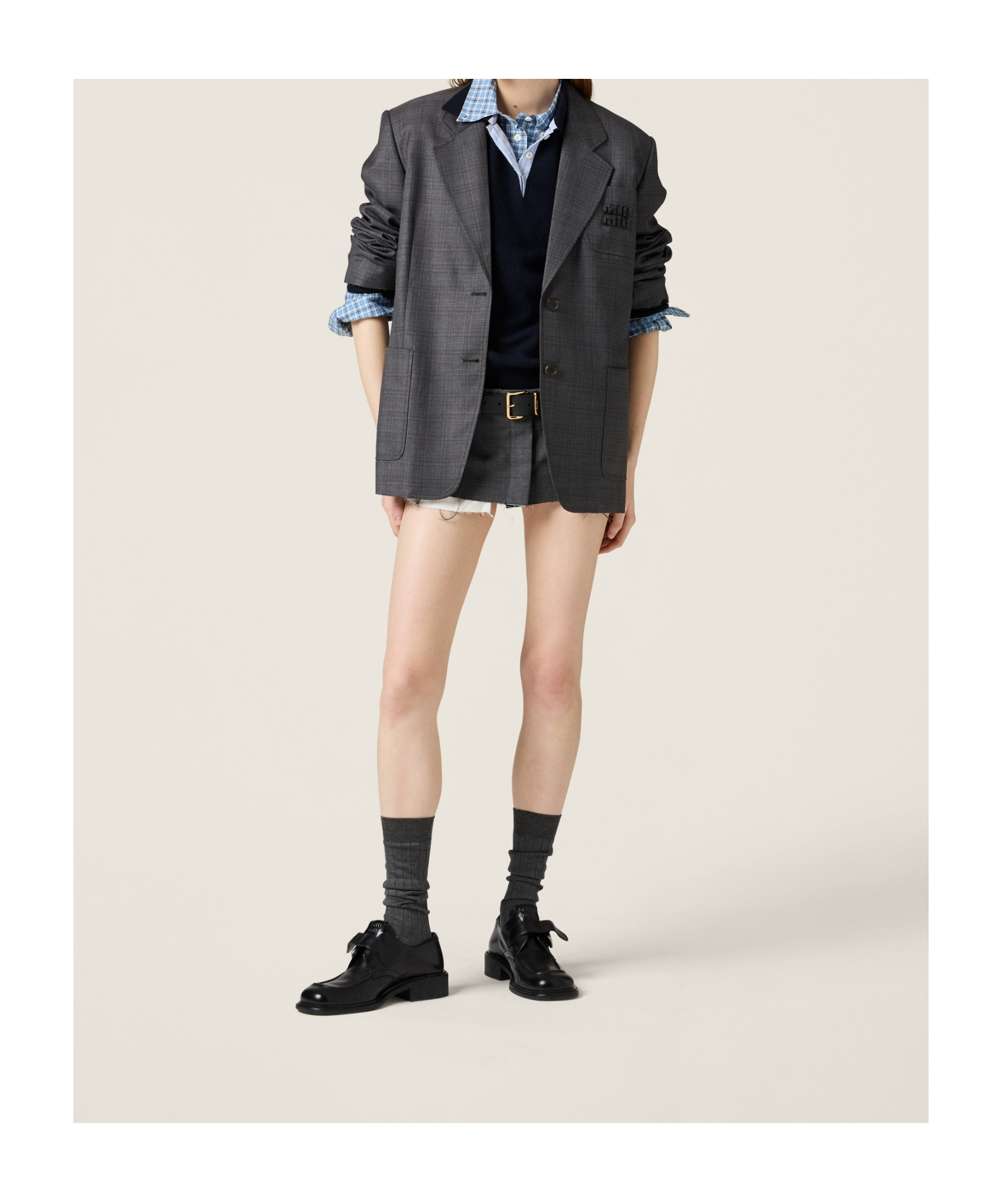 Miu Miu Prince Of Wales Checked Wool Jacket In Gray