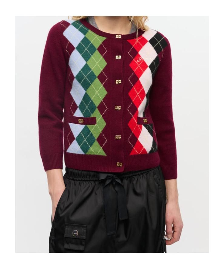 Ganni Burgundy Checked Cardigan In Cashmere Blend Women In Multi