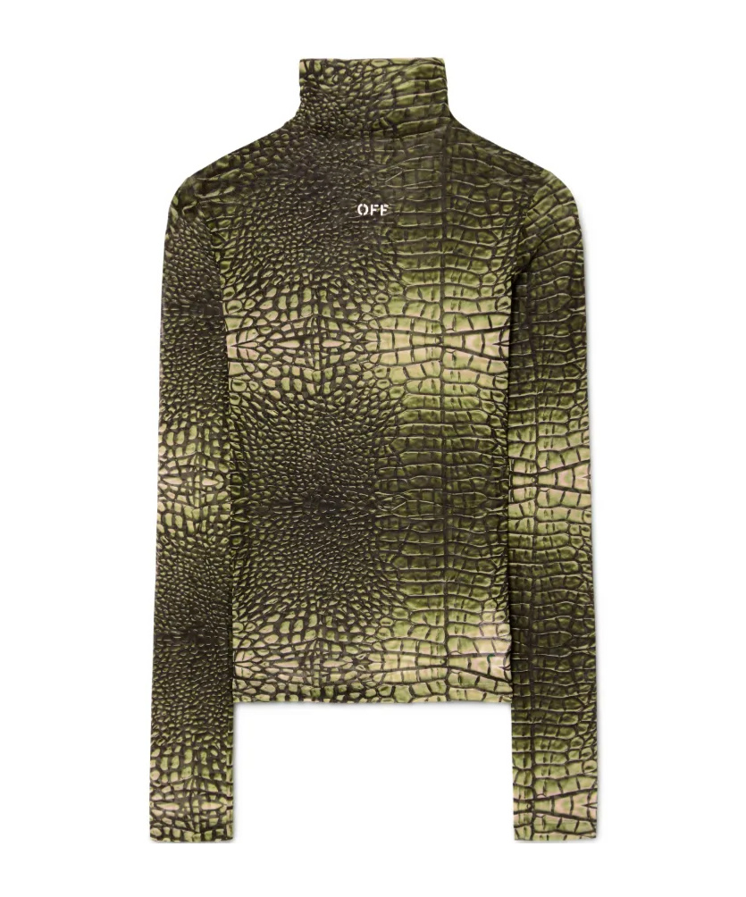Off-white High-neck T-shirt With Crocodile Skin Print In Green
