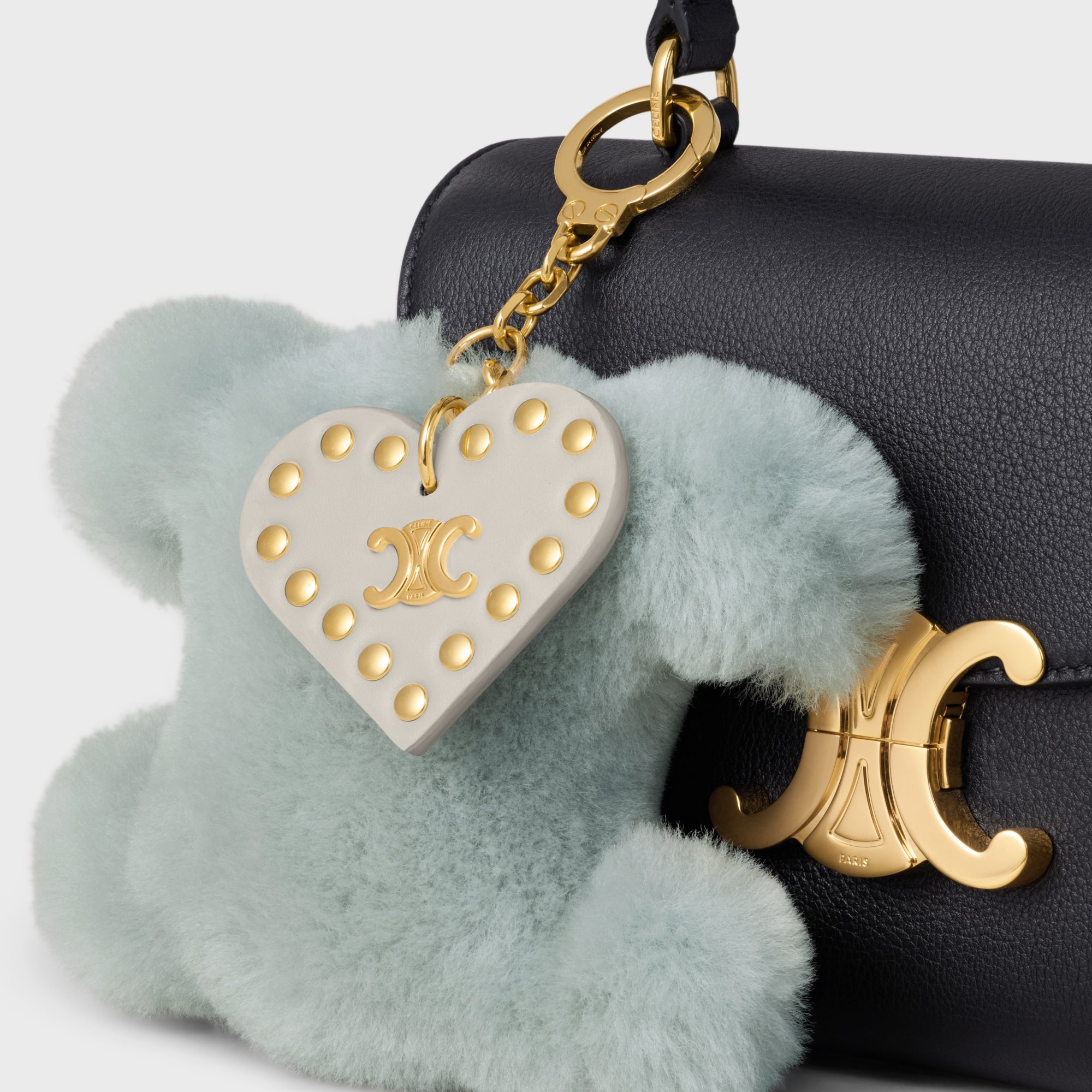 CELINE TRIOMPHE POM-POM KEYRING WITH HEART IN SHEARLING AND CALFSKIN WITH GOLD FINISHING 