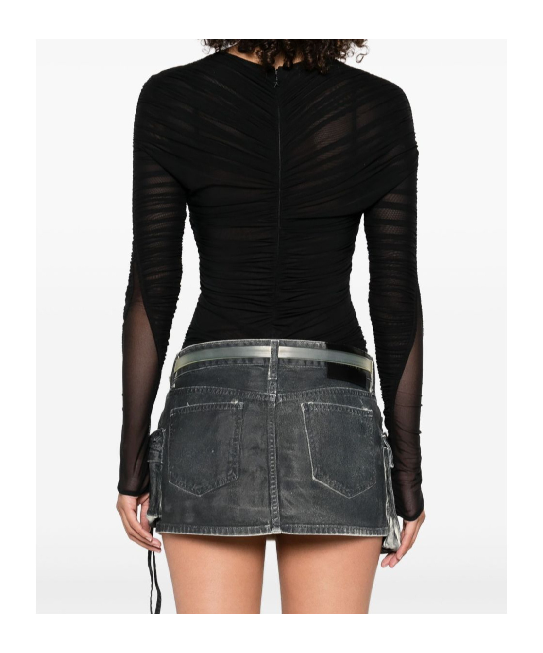 Mugler Gathered Semi-sheer Bodysuit In Black