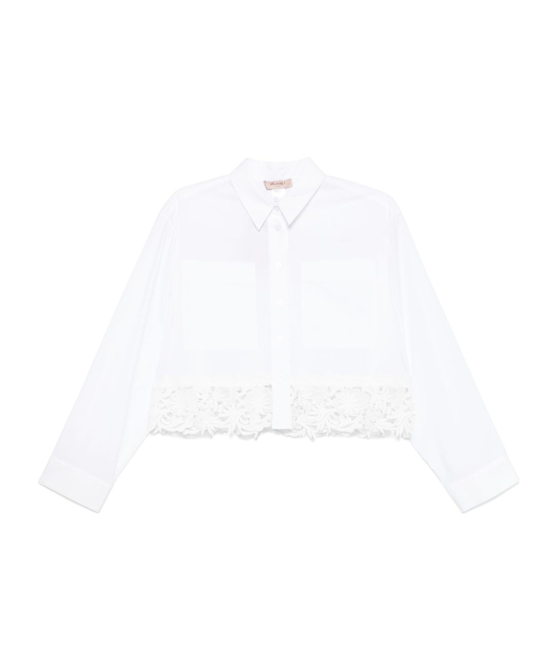 Twinset Twin-set Cropped White Cotton Shirt With Delicate Lace Trim