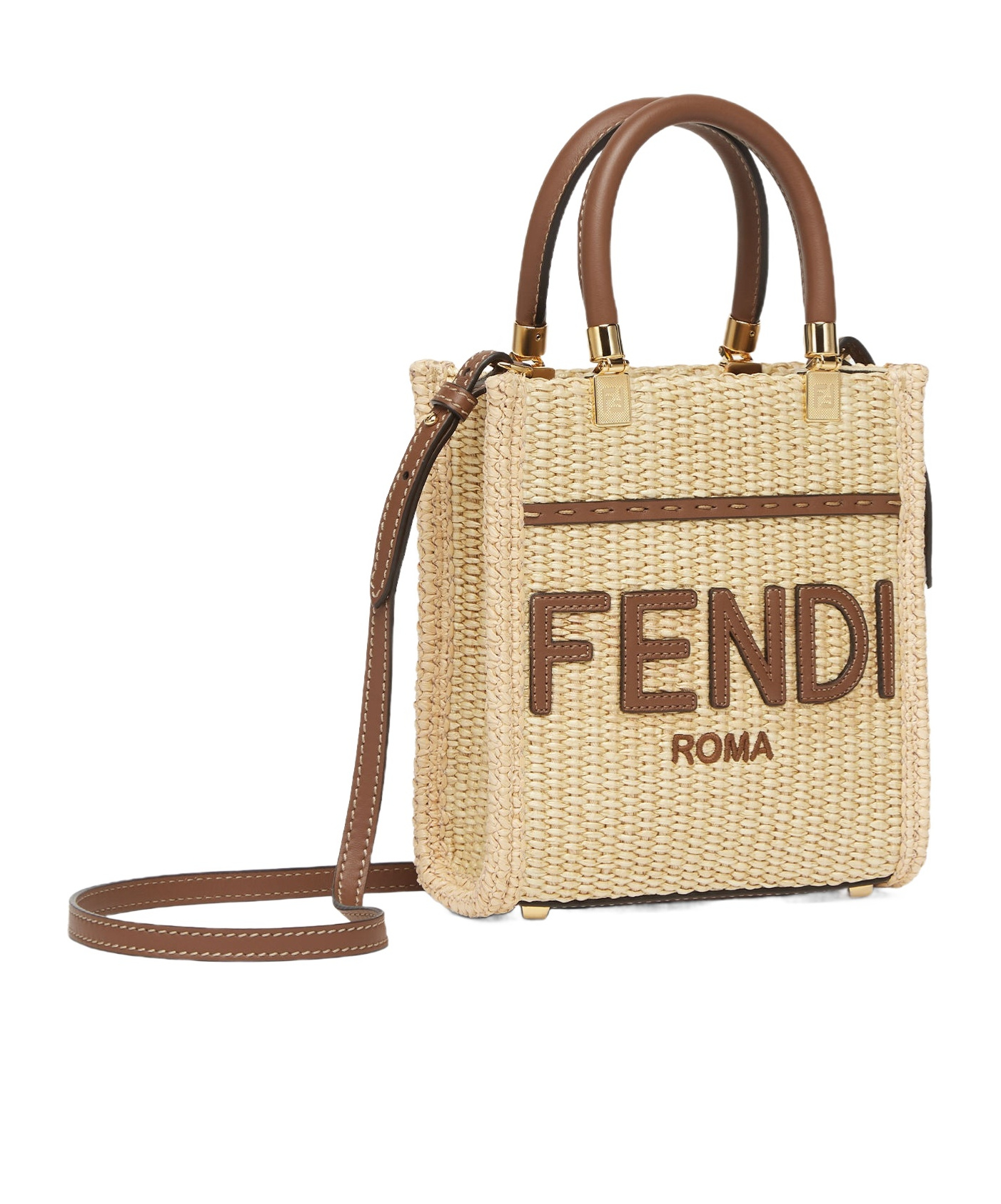 Fendi Mini Sunshine Straw Tote Bag In Nude
