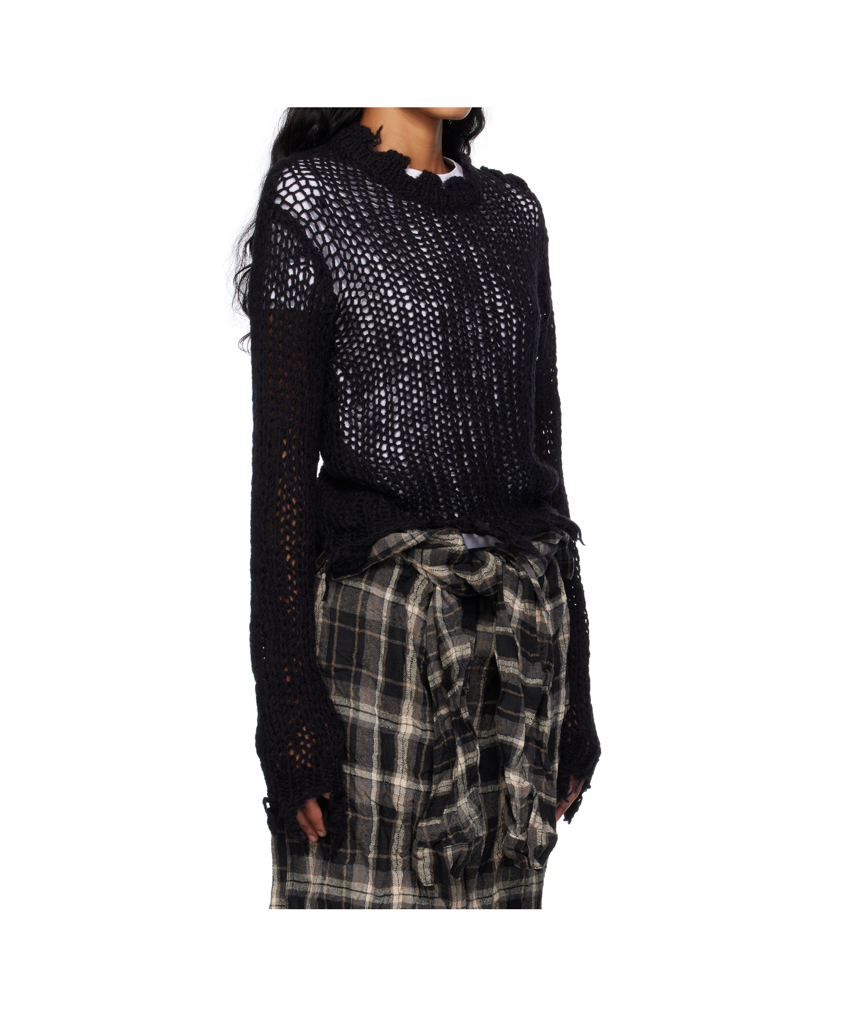 Open Yy Distressed Cropped Knitted Sweater In Black