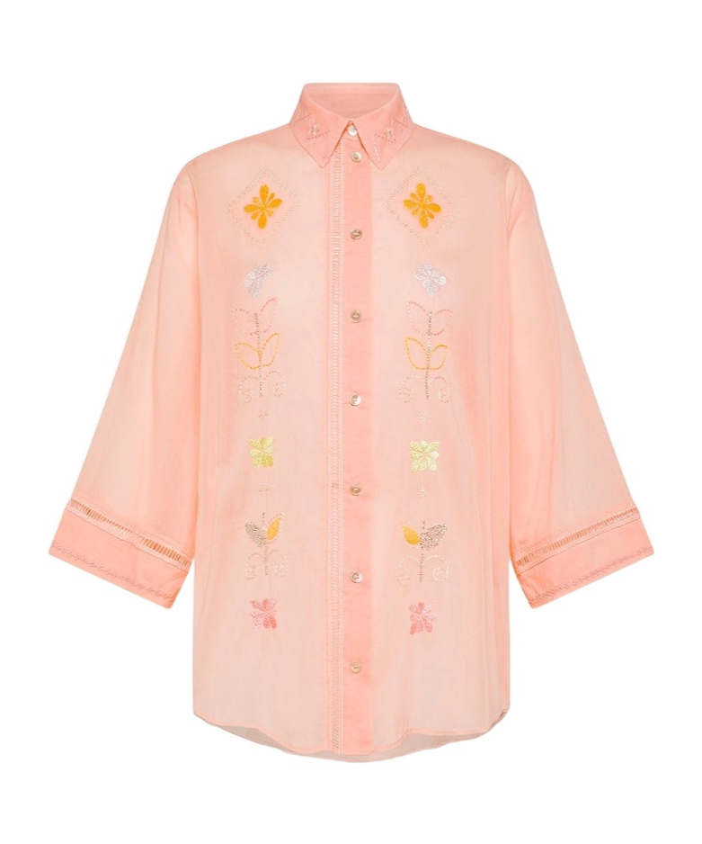 FORTE FORTE HALFSLEEVE VOILE SHIRT WITH ONIRIC BLOSSOM EMBROIDERY PATTERN