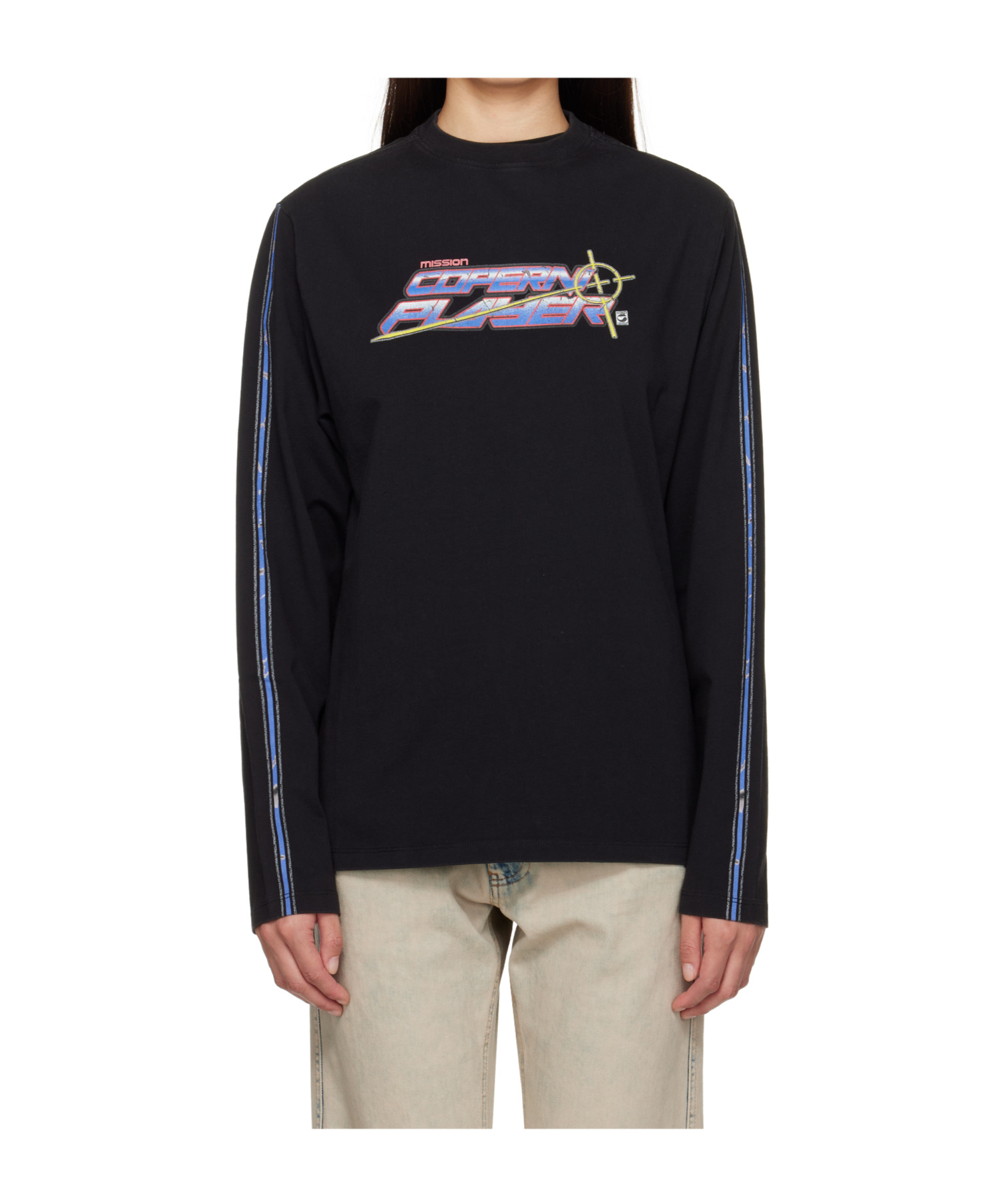 Coperni Womens Black-multicolour Print Slogan-print Long-sleeve Cotton-jersey T-shirt In Black
