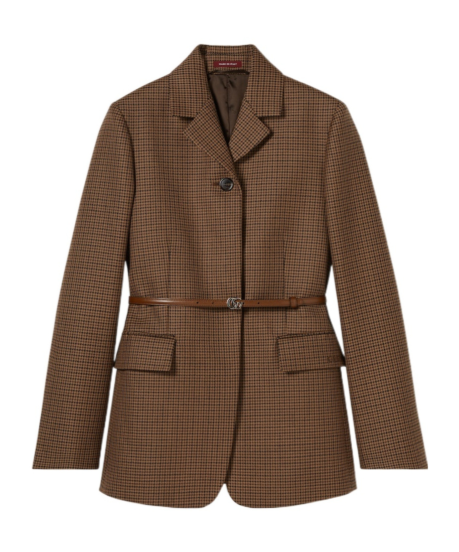 Gucci Houndstooth Wool Jacket With Embroidery In Brown
