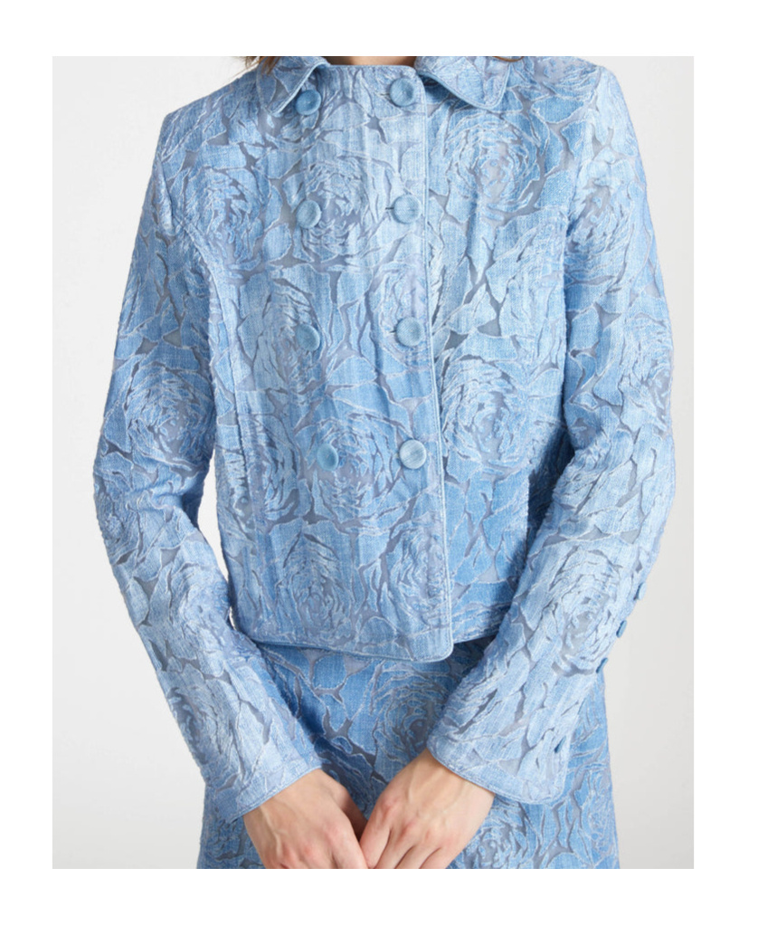 Ermanno Scervino Short Double-breasted Jacket In Devorè With Floral Motif And Denim Print In Light Blue