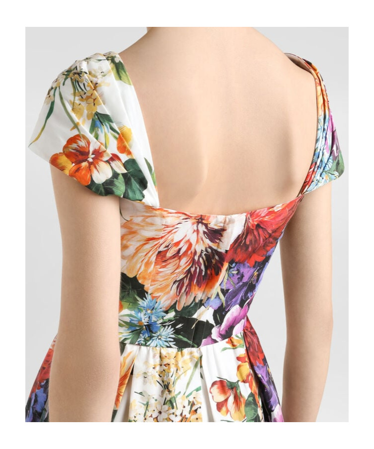 Dolce & Gabbana Floral Bouquet Popeline Cap-sleeve Pleated Dress In Multi