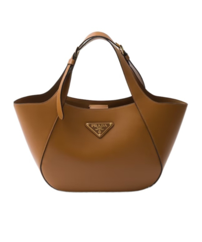 Prada Medium Enamel Triangle Logo Leather Tote Bag In Brown