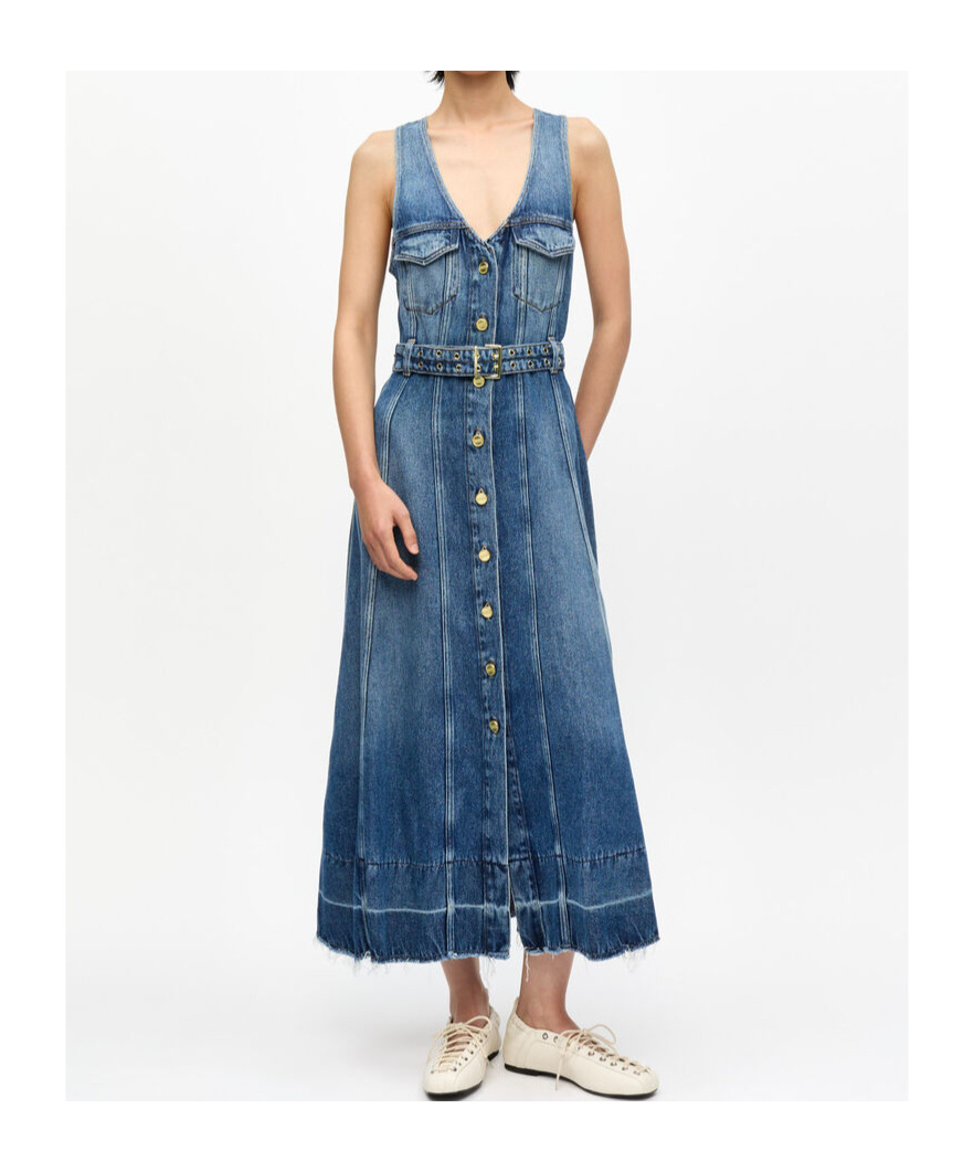 Ganni Blue Light Denim Belt Midi Dress In Chinese Blue Retro
