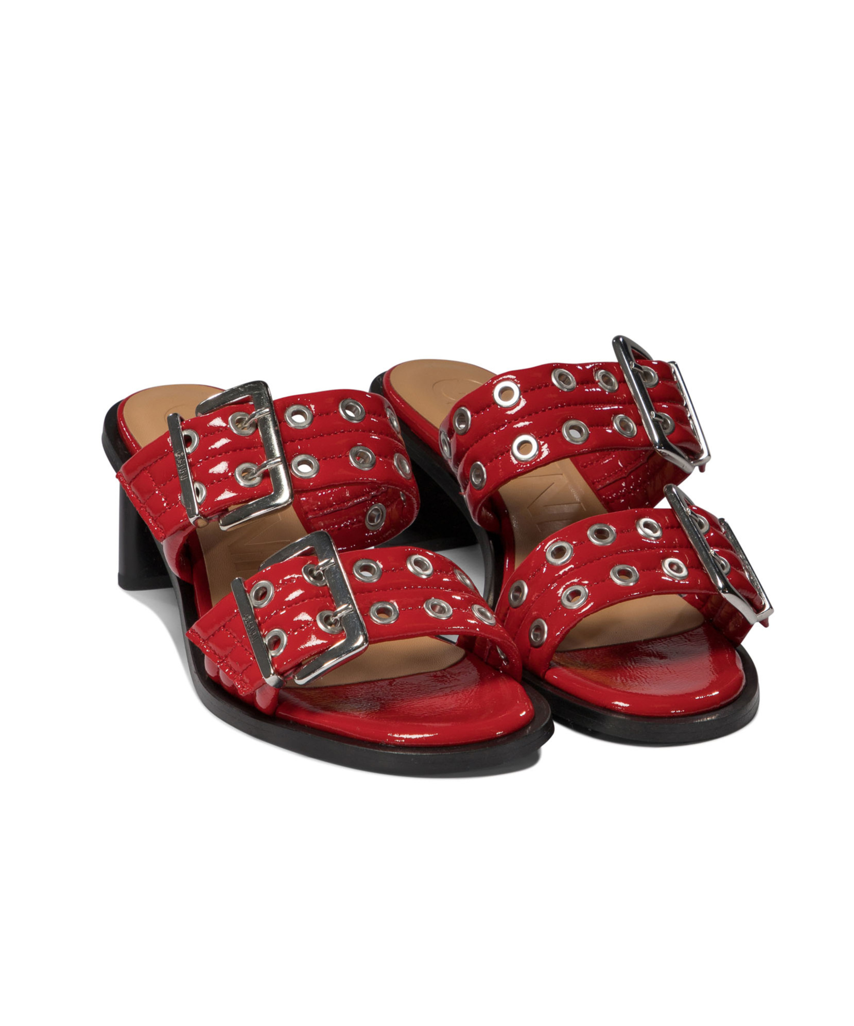 Ganni Red Feminine Buckled Mule Heeled Sandals In Red