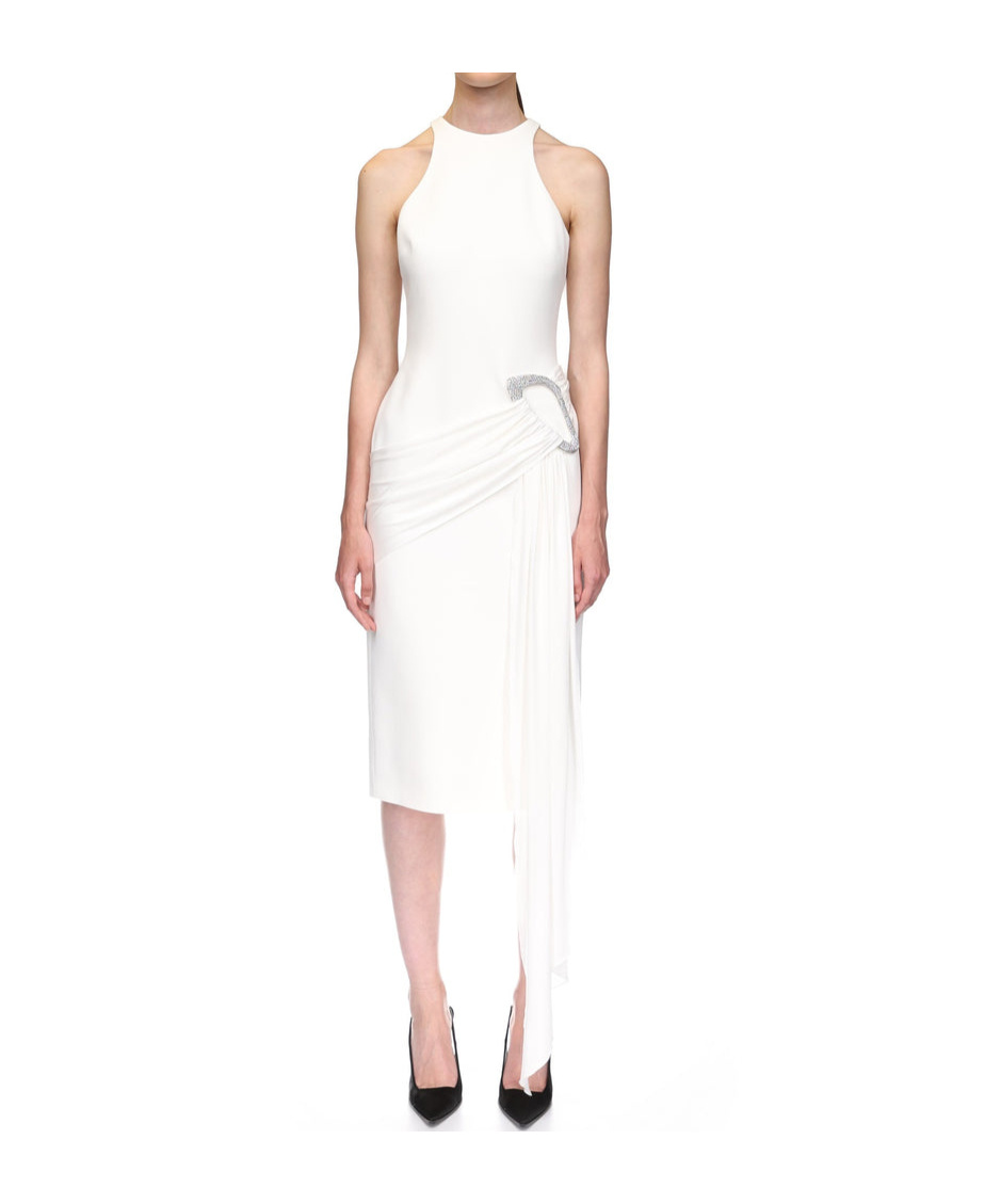 David Koma Crystal Buckle And Drape Detail Midi Dress In White