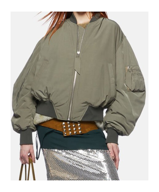 Attico Green Bomber Jacket With Zip Pocket On The Sleeve In Tech Fabric Woman In Gray