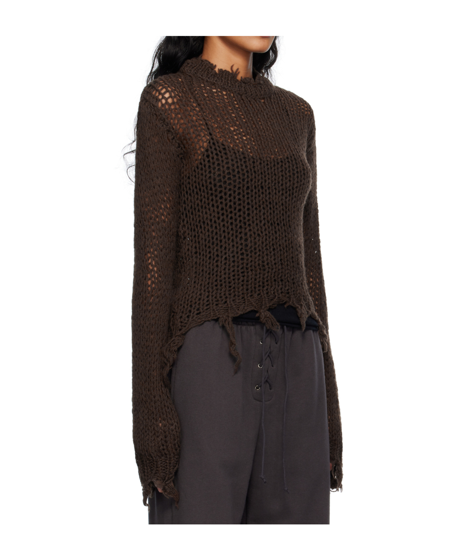 Open Yy Distressed Crop Knit Sweater In Brown