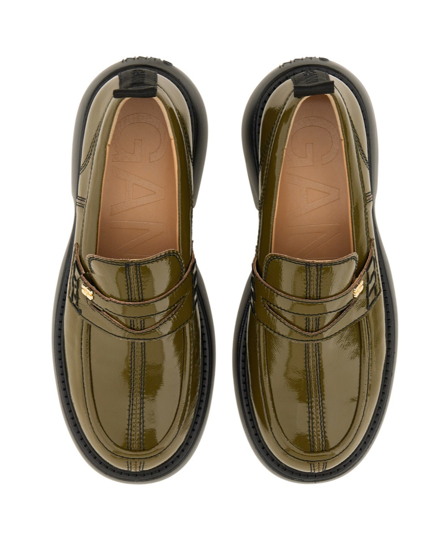 Ganni Logo Loafer Chunky Sole Glossy Finish In Black