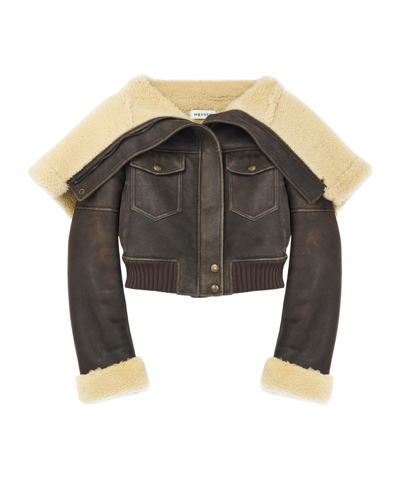 Alexander Mcqueen Cropped Shearling-trimmed Leather Jacket In Gray