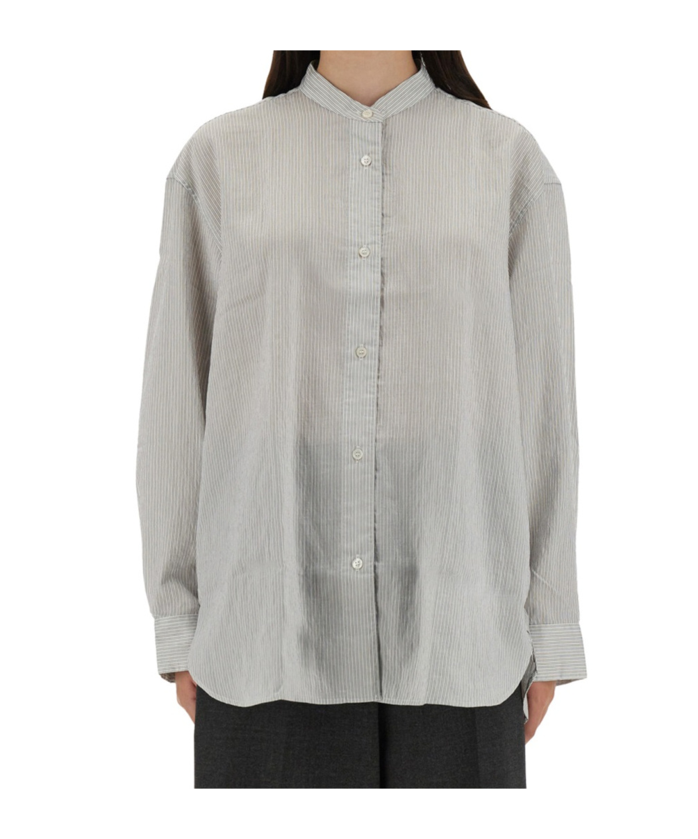 Studio Nicholson Striped Long Sleeve Top With Curved Hem In Gray