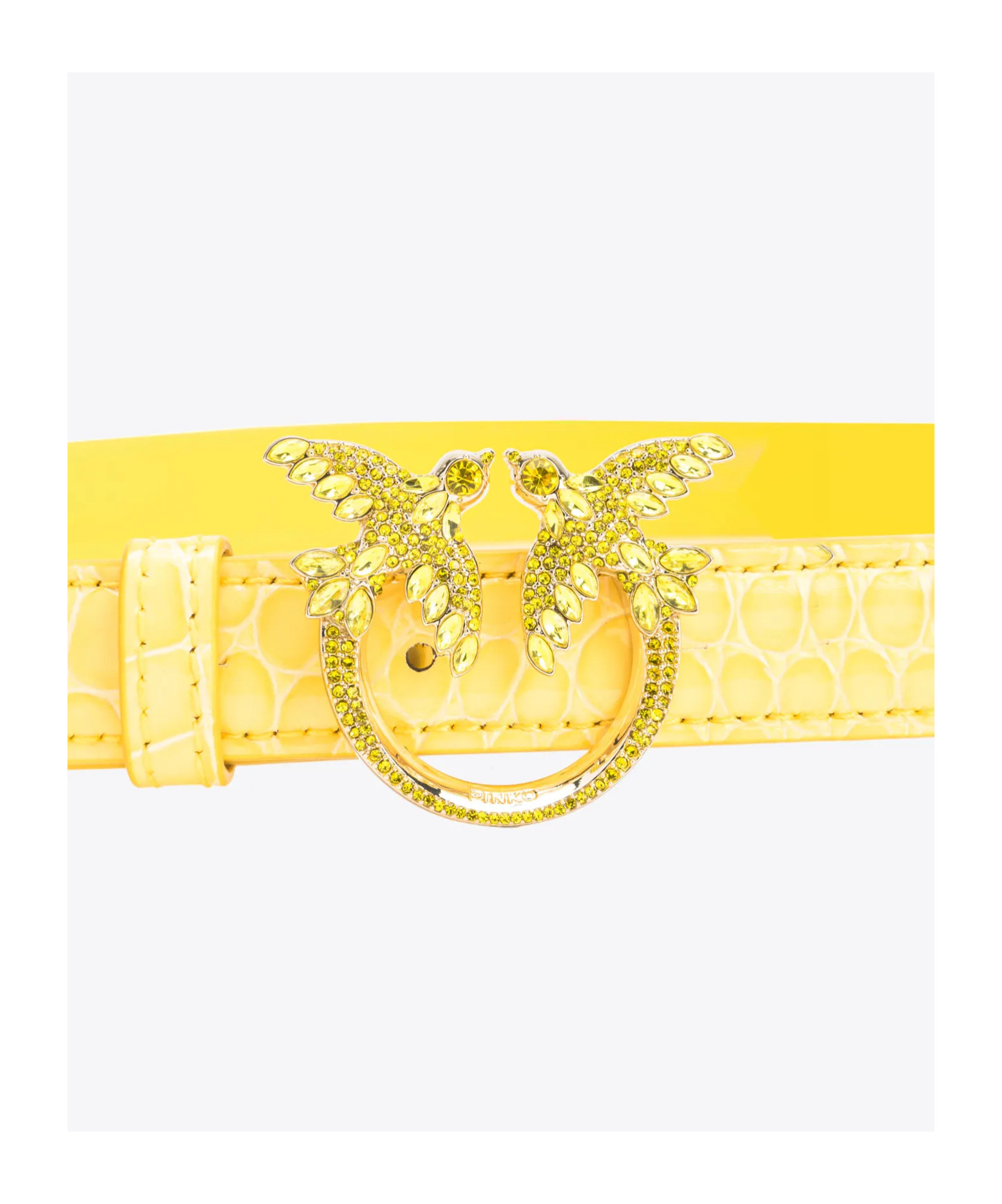 Pinko Galleria Thin 2cm Shiny Coloured Croc-print Belt With Love Birds Buckle In Yellow