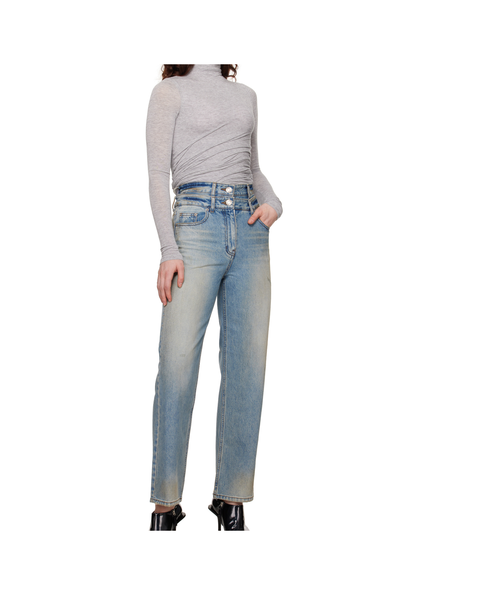 Juunj Gray Waist Shirring Turtleneck In Gray