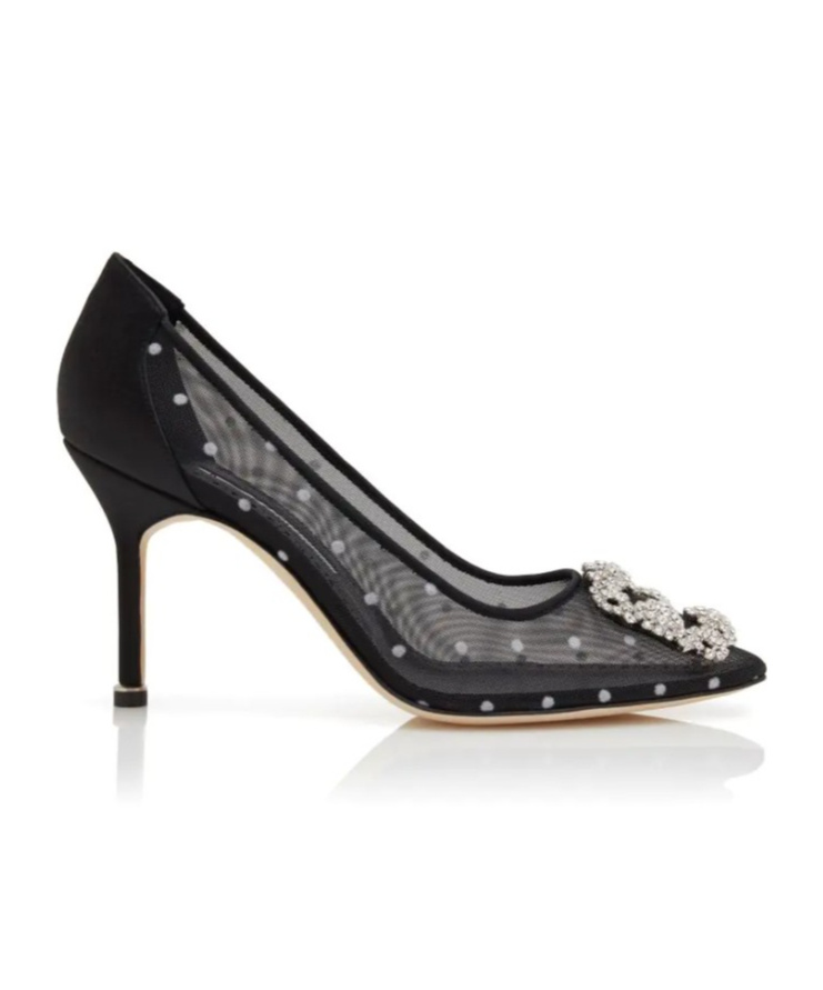 Manolo Blahnik Hangisi 90 Satin-trimmed Crystal-embellished Flocked Mesh Pumps In Black