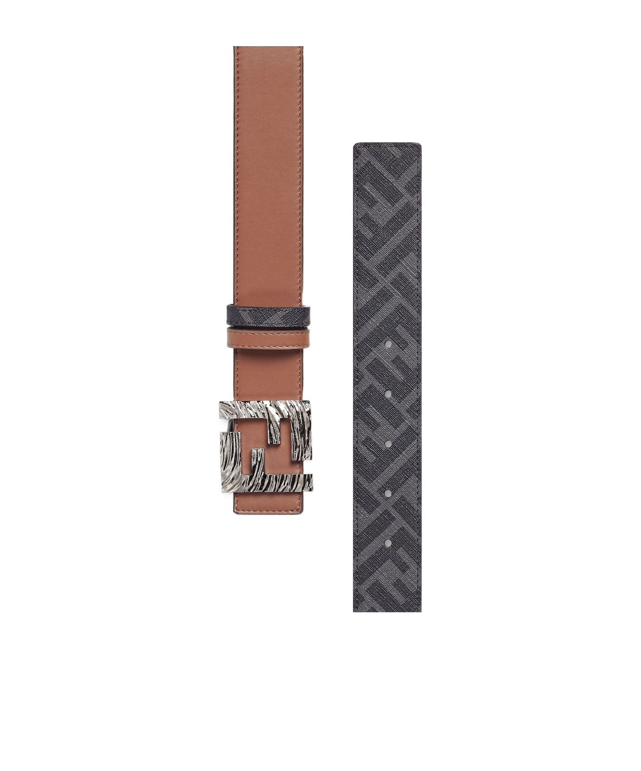 Fendi Brown Leather And Black Ff Canvas Reversible Belt