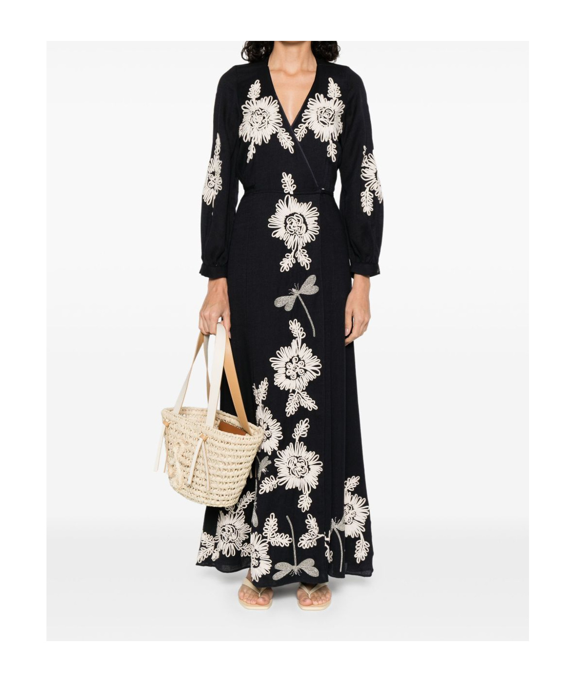 Forte Forte Wrap-style Black Maxi Dress With Floral Embroidery In Blue