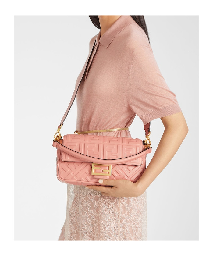 Fendi Medium Quilted Baguette Shoulder Bag With Ff Logo In Pink