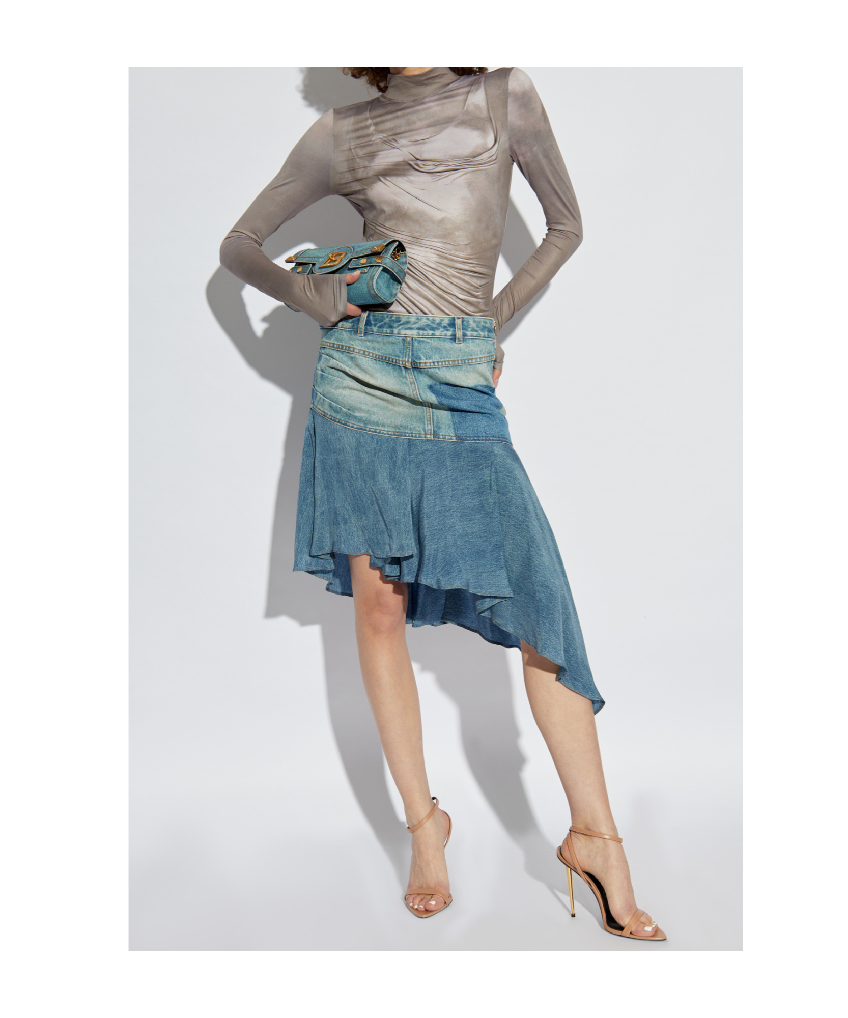 Balmain Asymmetrical Midi Denim Skirt In Blue