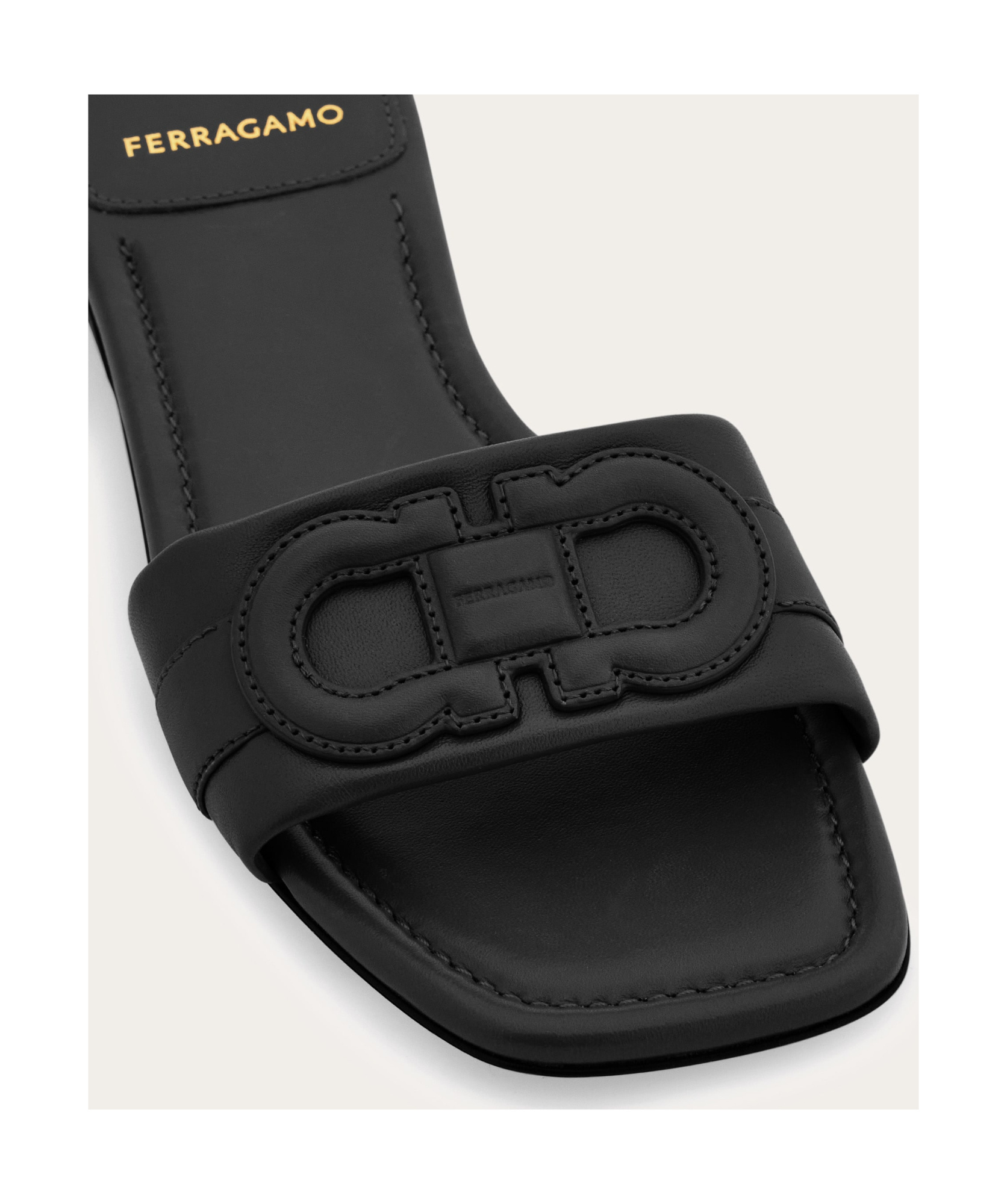 Ferragamo Liss Black Sandals With Embossed Logo On The Band And Square Toe In Leather Woman In Black
