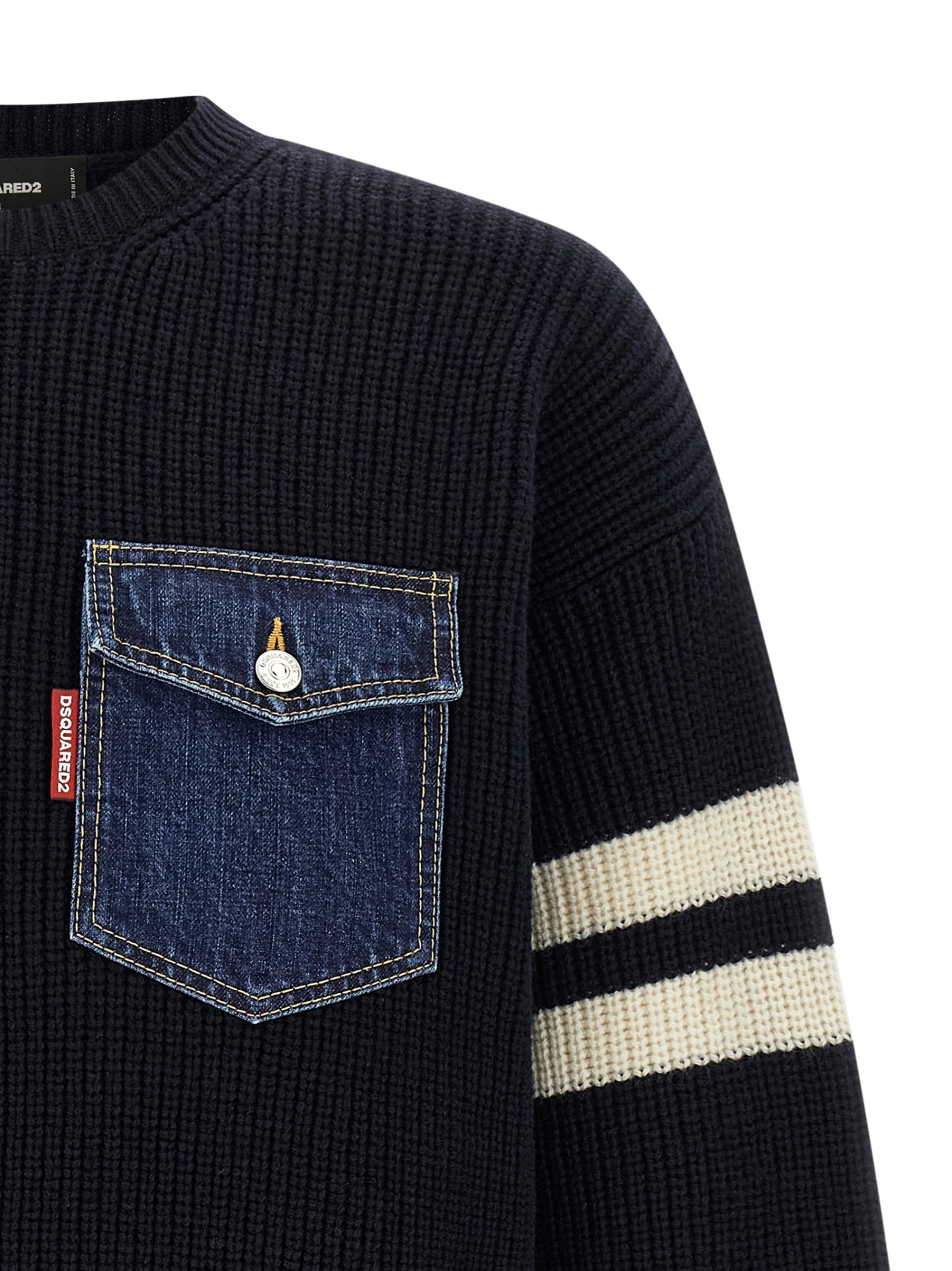 Dsquared2 Crew Neck Denim Pocket Sweater With Striped Sleeves In Black