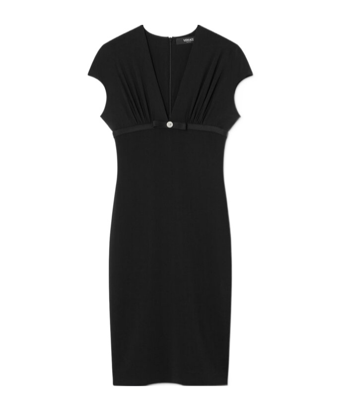 Versace Fitted Black Midi Dress With Satin Trim And Medusa Detail In Black